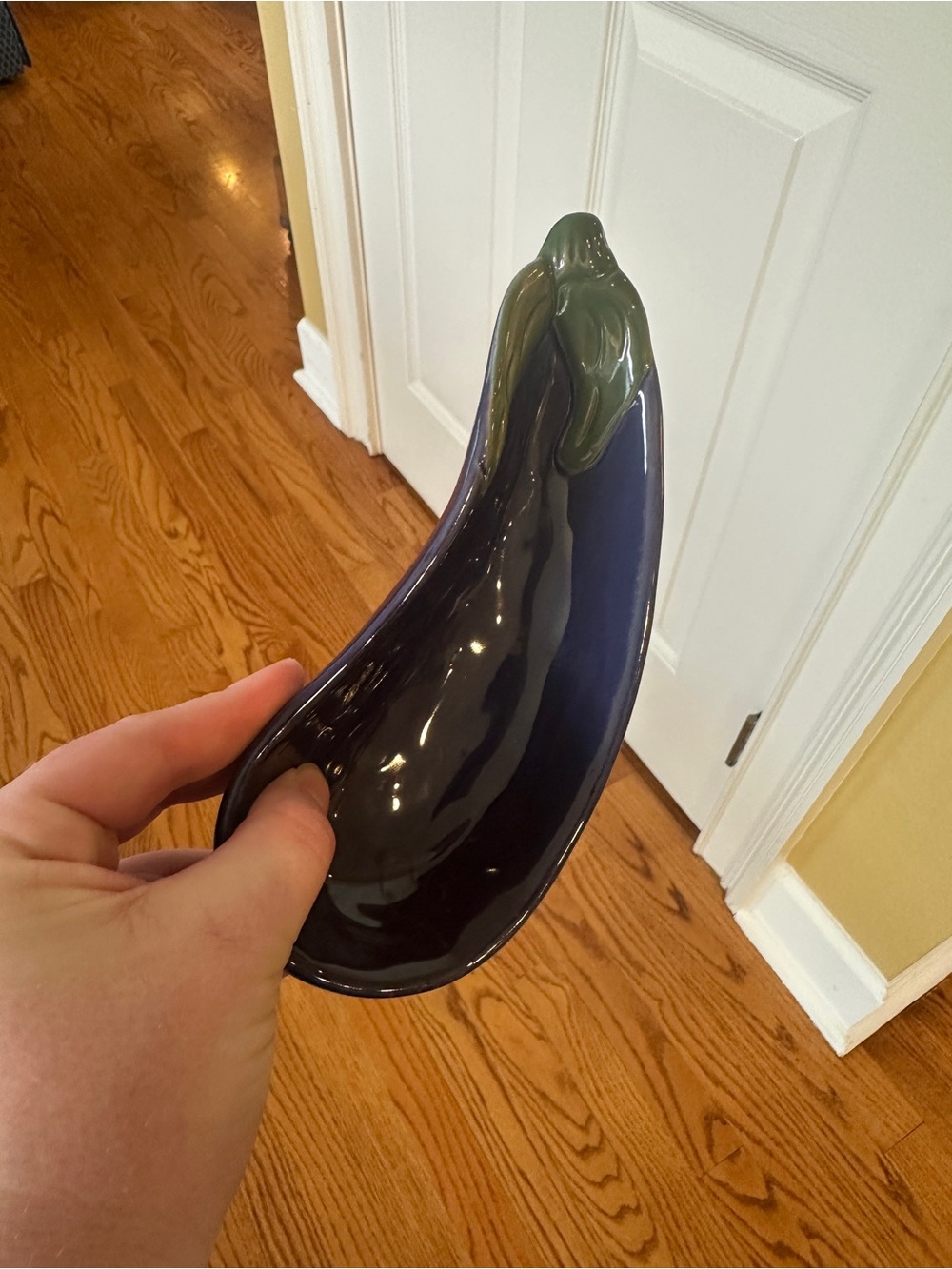 Williams Sonoma Glazed Eggplant Shaped Dish in Dark Purple with Green Accent